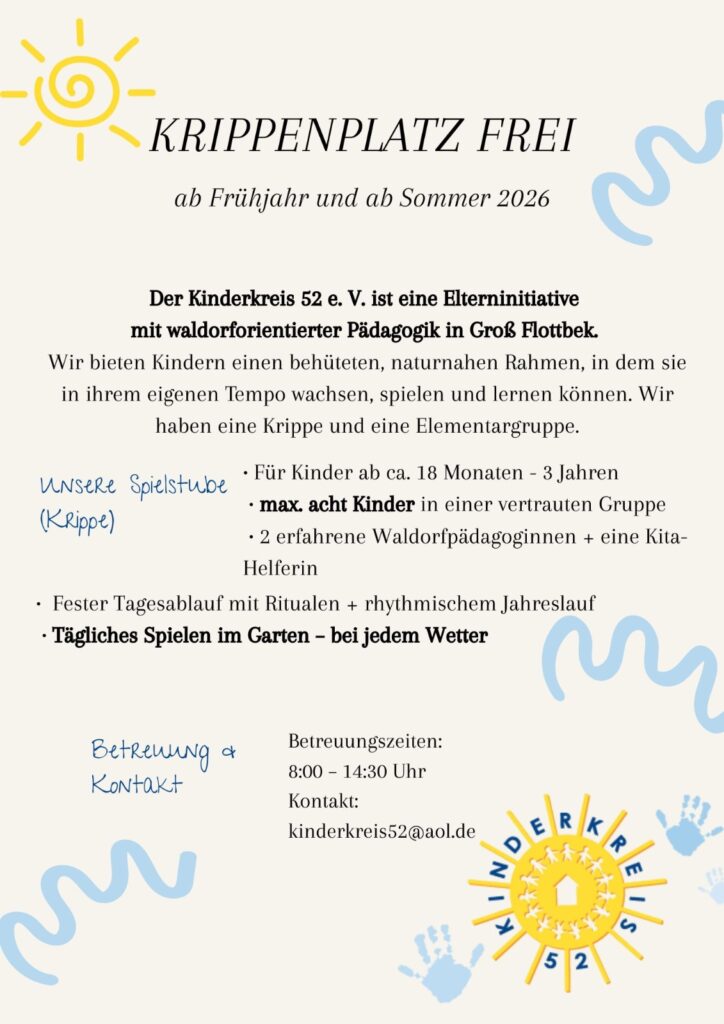 Flyer mit Informationen zu freien Plätzen in der Krippe - bei Interesse bitte an kinderkreis52@aol.de wenden